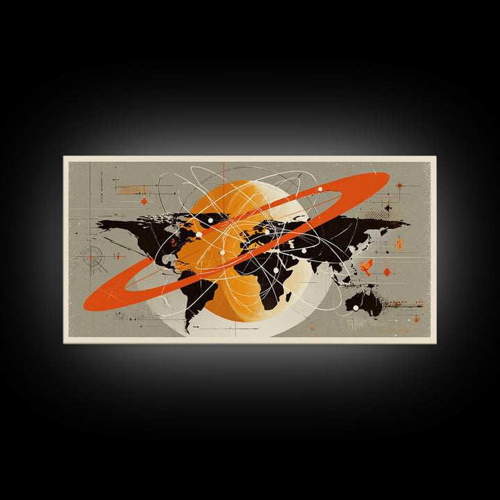 Retro Atomic World Map Wall Art, Mid Century Modern Travel Poster, Orange Black Science Decor, Geometric Canvas Print Gift