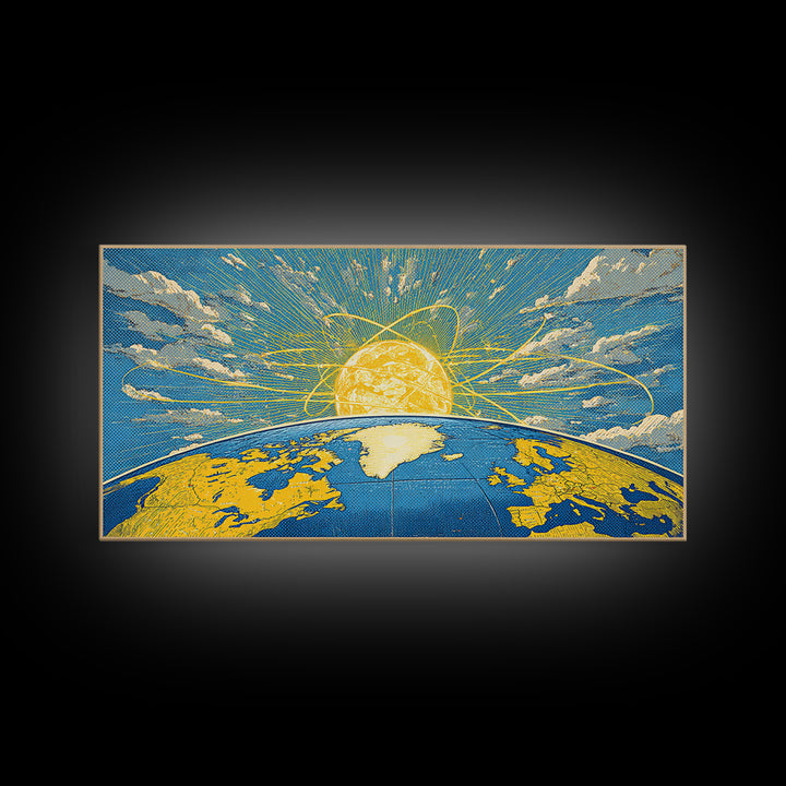 Atomic Earth Sunrise Wall Art, Blue Yellow Retro Science Poster, Mid Century Modern Space Decor, Celestial Canvas Print Gift