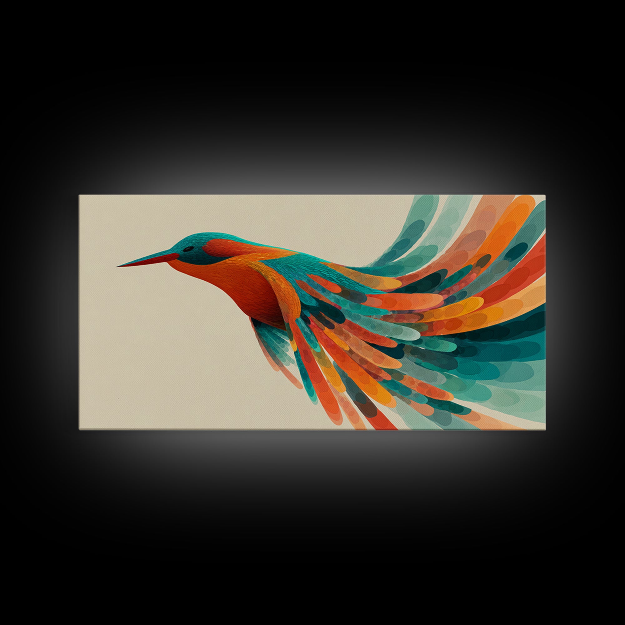 Colorful Hummingbird In Flight Canvas Print, Midcentury Modern Bird Art, Tropical Nature Decor, Vibrant Living Room Wall Art