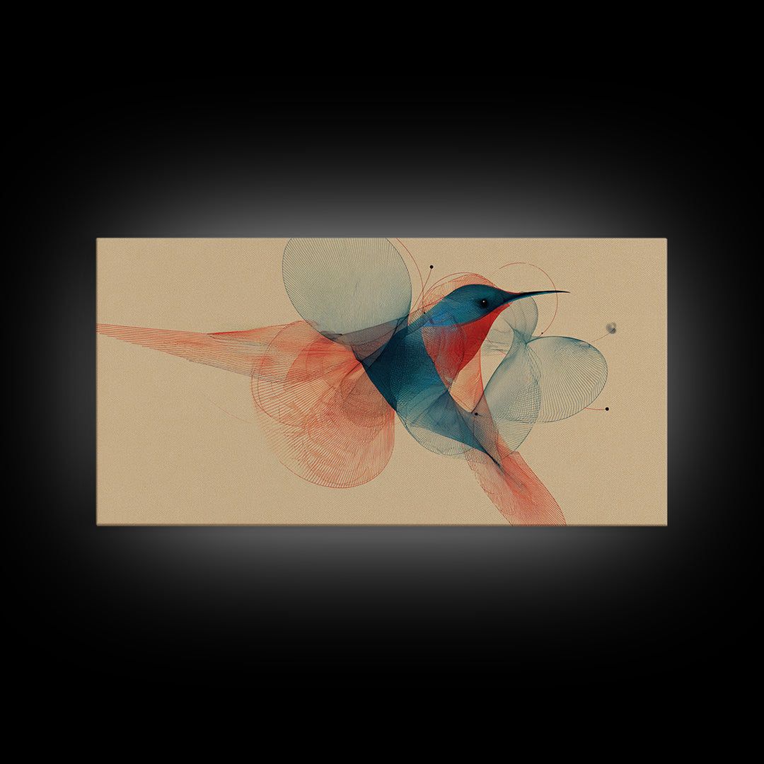 Abstract Hummingbird With Circle Forms Wall Art, Midcentury Modern Bird Print, Geometric Nature Decor, Teal Coral Art Print