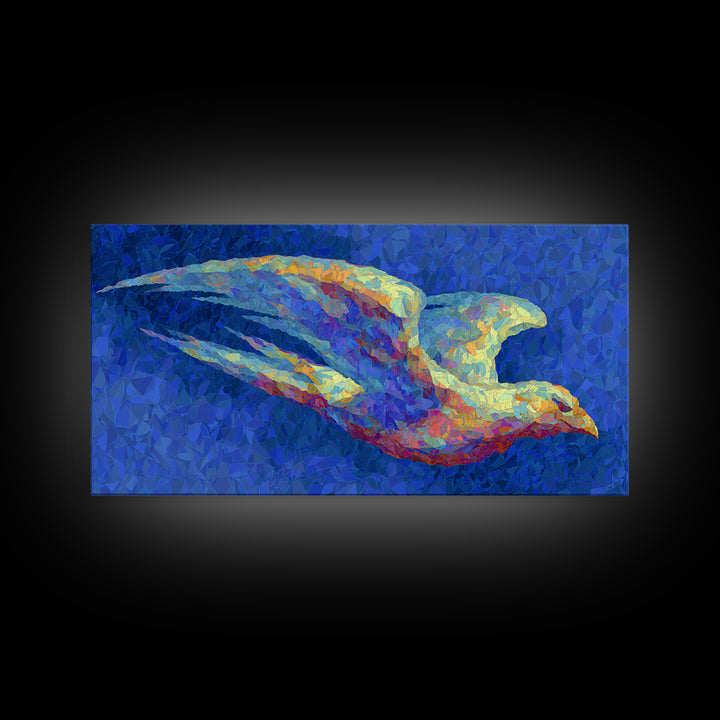 Blue Mosaic Bird In Flight Framed Canvas Print, Modern Abstract Wildlife Art, Colorful Nature Decor, Bold Living Room Wall Art
