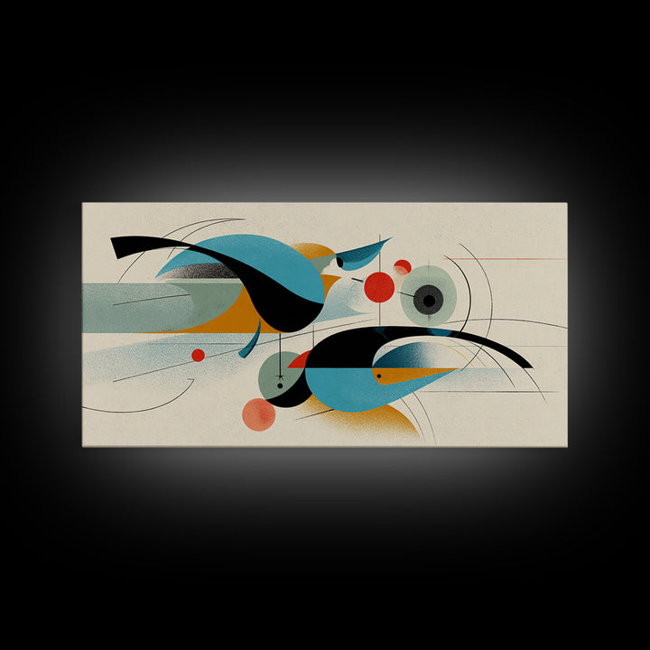 Geometric Abstract Birds Wall Art, Midcentury Modern Shapes Print, Bauhaus Inspired Decor, Teal Orange Living Room Art Print