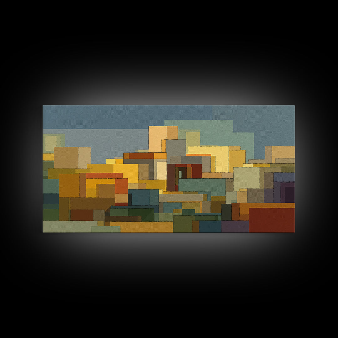 Abstract City Blocks In Muted Teal And Ochre Wall Art, Mid Century Modern Print, Geometric Home Decor, Living Room Artwork