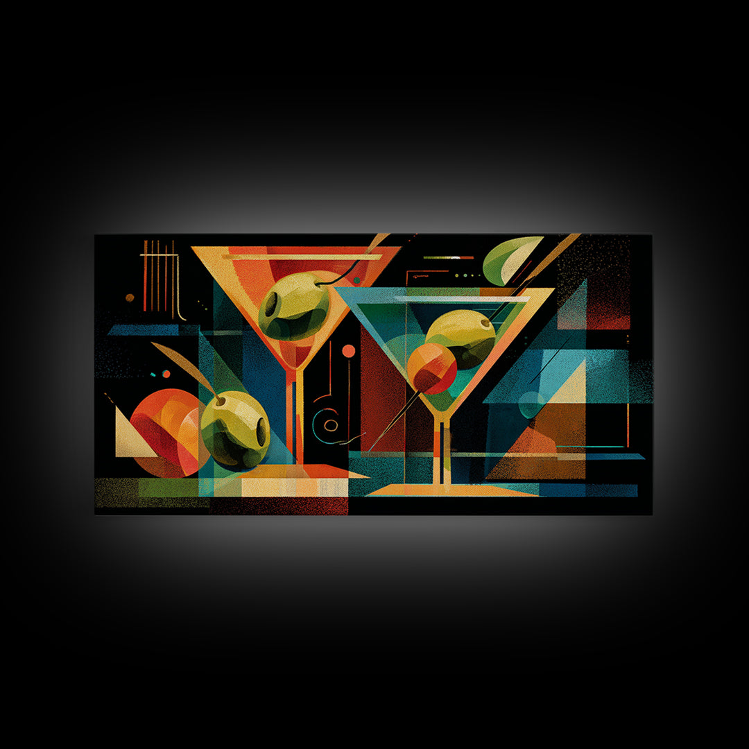 Bauhaus Martini Glasses And Green Olives Framed Canvas Print, Mid Century Modern Bar Wall Decor, Atomic Cocktail Art Print