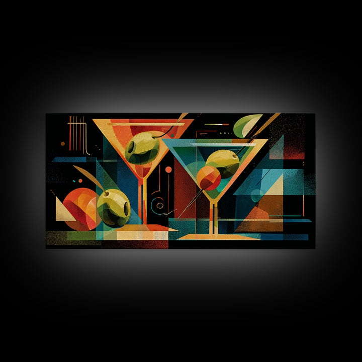 Bauhaus Martini Glasses And Green Olives Framed Canvas Print, Mid Century Modern Bar Wall Decor, Atomic Cocktail Art Print