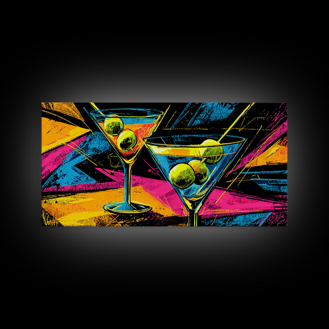 Neon Martini Glasses With Olives Canvas Print, Retro Bar Art, Vibrant Cocktail Poster, Funky Wall Decor For Kitchen Lounge