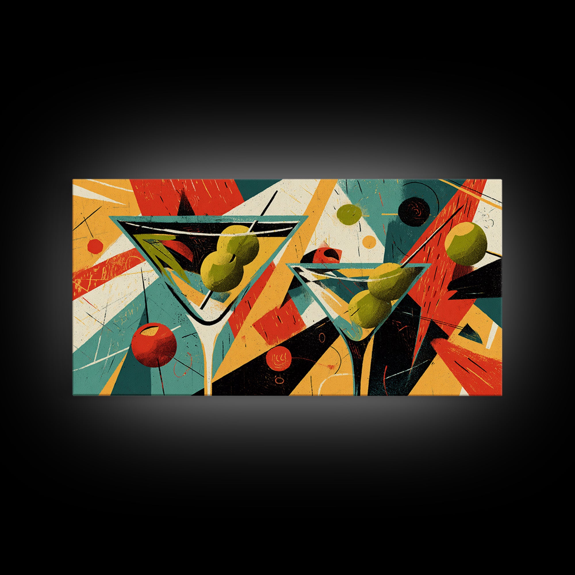 Retro Martini Glasses With Olives And Oranges Wall Art, Midcentury Modern Cocktail Poster, Atomic Bar Decor, Kitchen Art Print