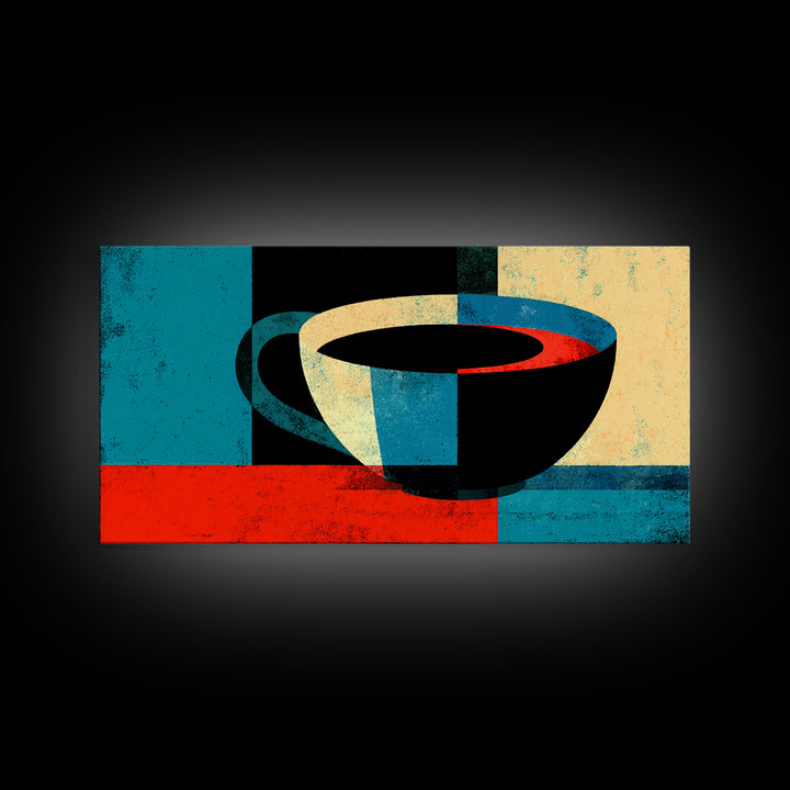 Modern Abstract Coffee Cup In Teal And Red Wall Art, Mid Century Kitchen Decor, Minimalist Coffee Poster, Bold Geometric Print