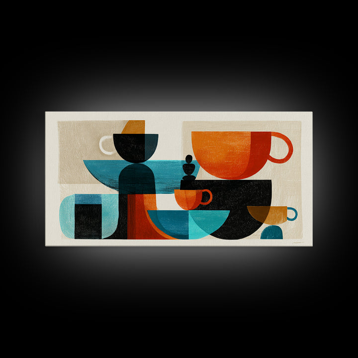 Geometric Coffee Cups Still Life Canvas Print, Midcentury Modern Kitchen Decor, Retro Cafe Wall Art, Teal Orange MCM Poster