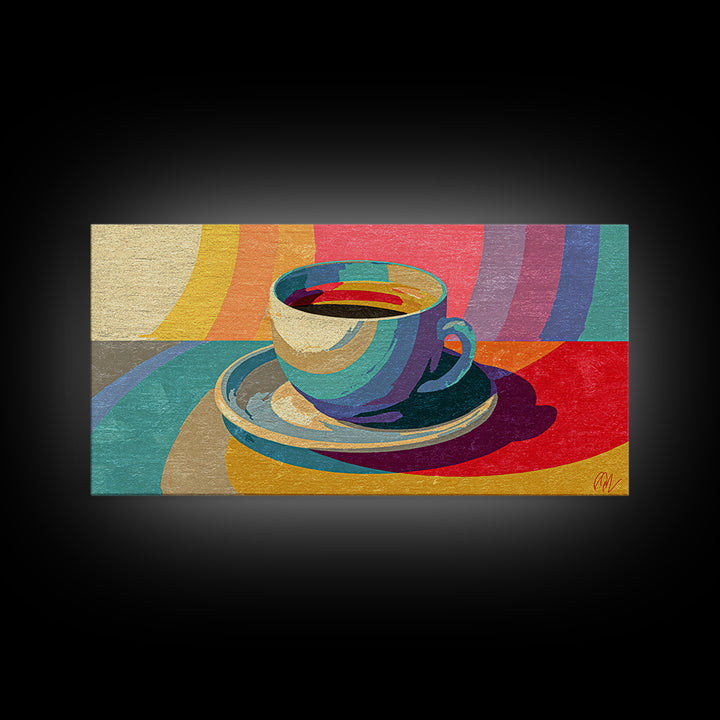 Rainbow Coffee Cup And Saucer Canvas Print, Retro Kitchen Wall Art, Colorful Midcentury Poster, Bright Cafe Home Decor Print