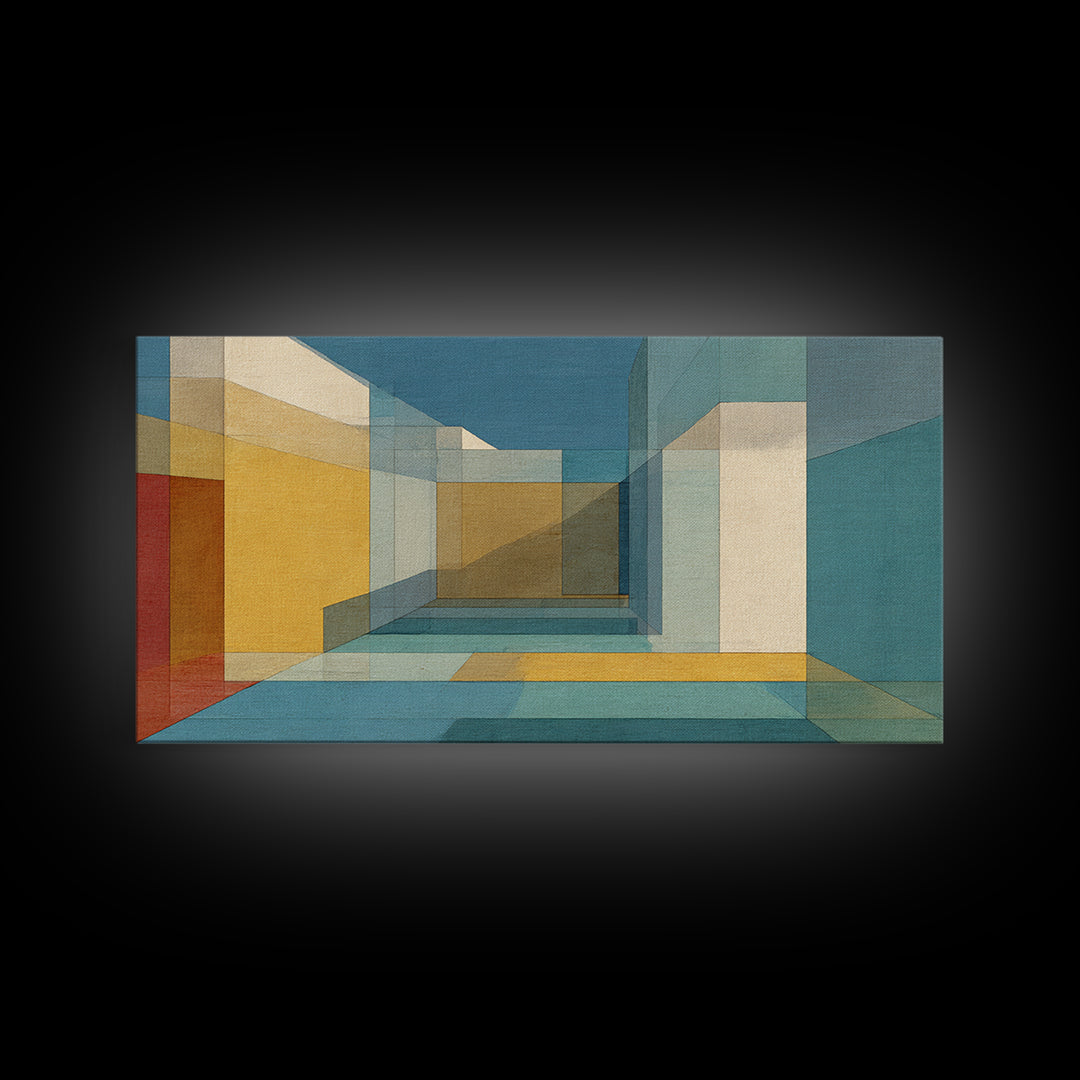 Abstract Desert Passage Wall Art, Geometric Architecture Canvas Print, Midcentury Modern Decor, Teal Gold Perspective Poster