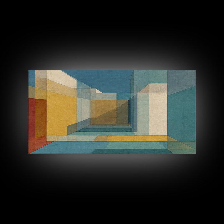 Abstract Desert Passage Wall Art, Geometric Architecture Canvas Print, Midcentury Modern Decor, Teal Gold Perspective Poster