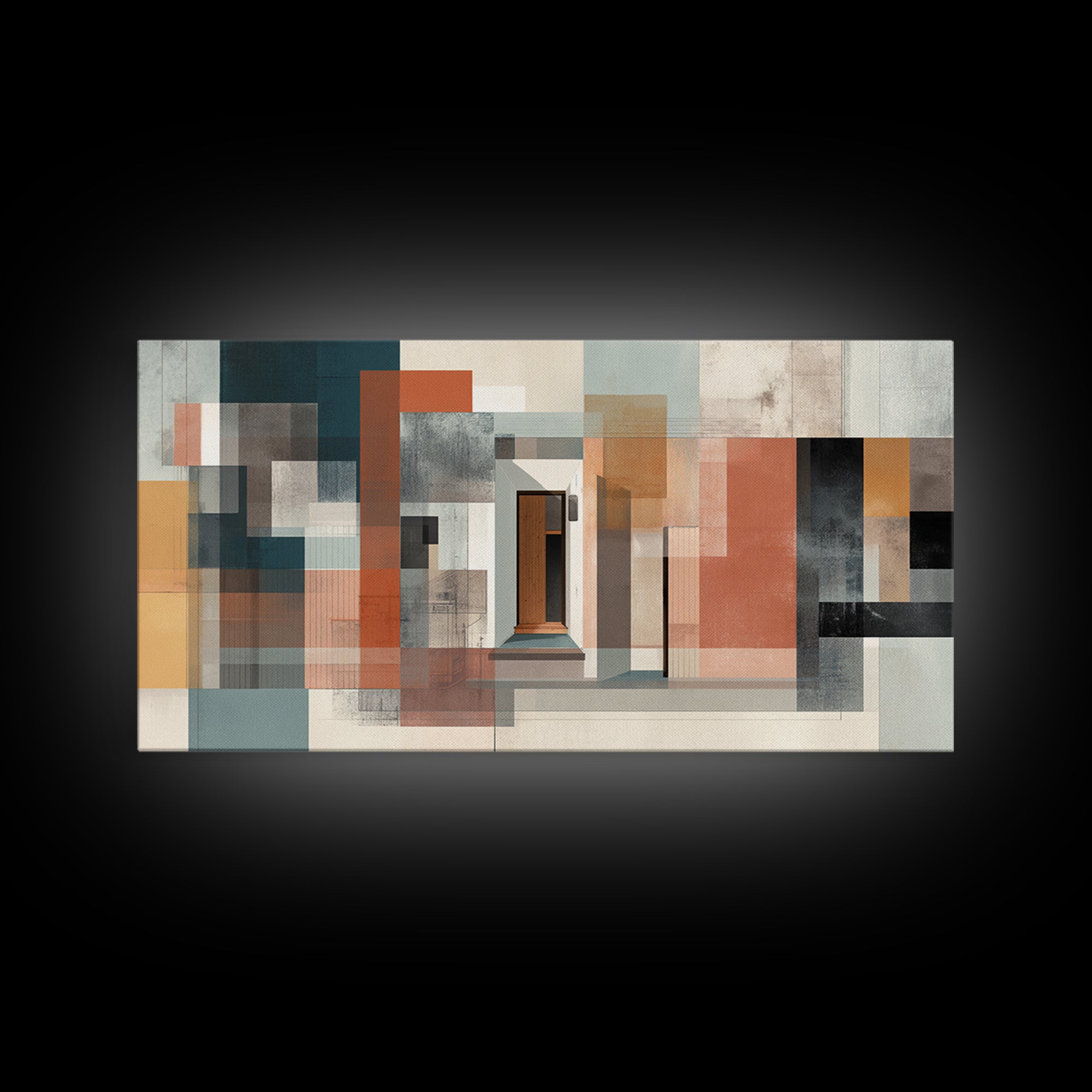 Abstract Doorway Facade Canvas Print, Bauhaus Architecture Wall Art, Midcentury Modern Decor, Rust Teal Office Poster Print