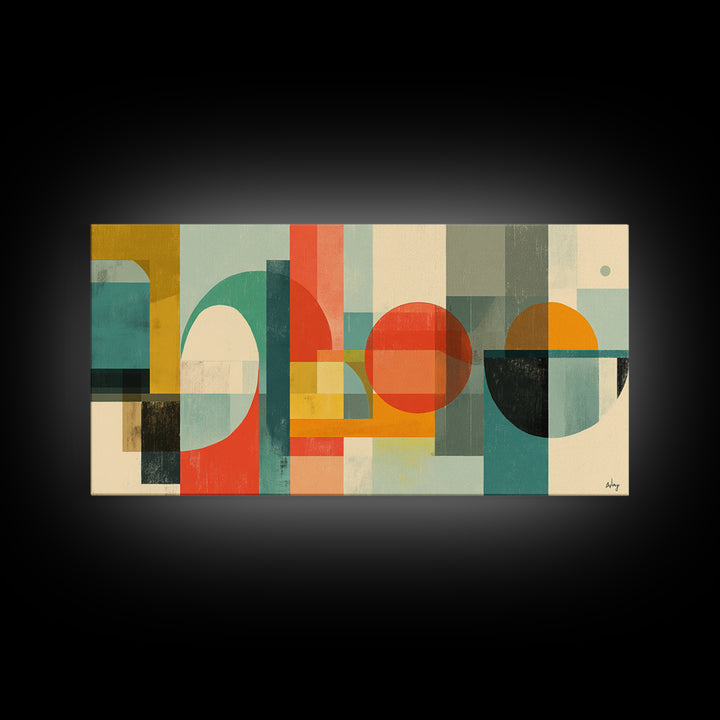 Retro Geometric Shapes Wall Art, Midcentury Modern Canvas Print, Abstract Circles Arches, Teal Orange Mustard Home Decor