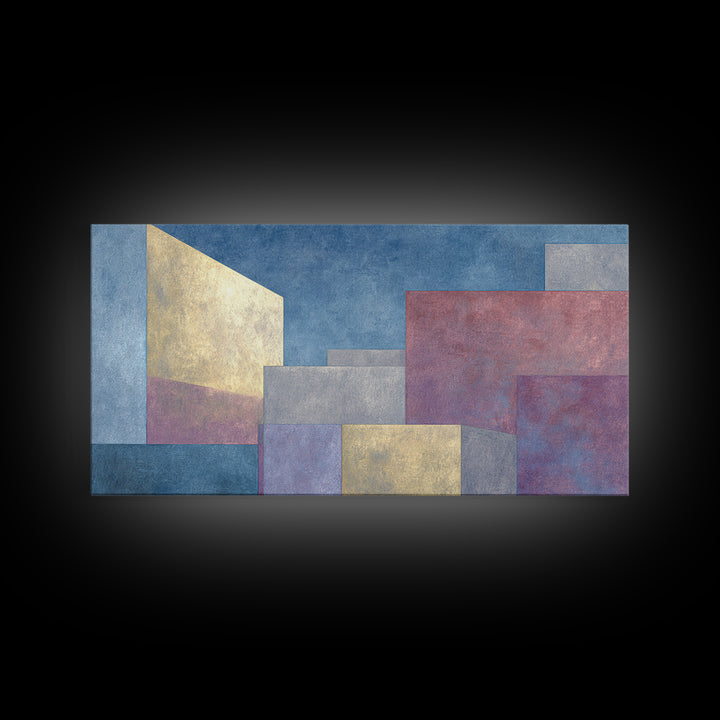 Pastel Architectural Blocks Wall Art, Minimal Geometric Modern Decor, Blue Purple Abstract Framed Canvas Print For Office