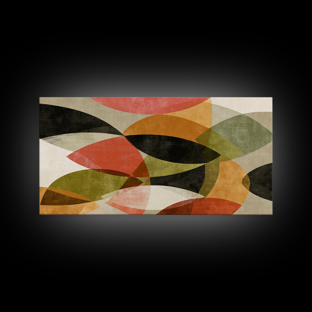 Layered Olive Red And Orange Abstract Leaves Wall Art, Midcentury Modern Art Print, Retro Geometric Decor For Living Room