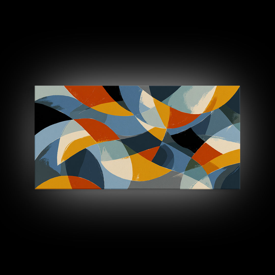 Blue Orange And Golden Crescent Geometry Wall Art, Midcentury Modern Abstract Art Print, Retro MCM Decor For Office And Home