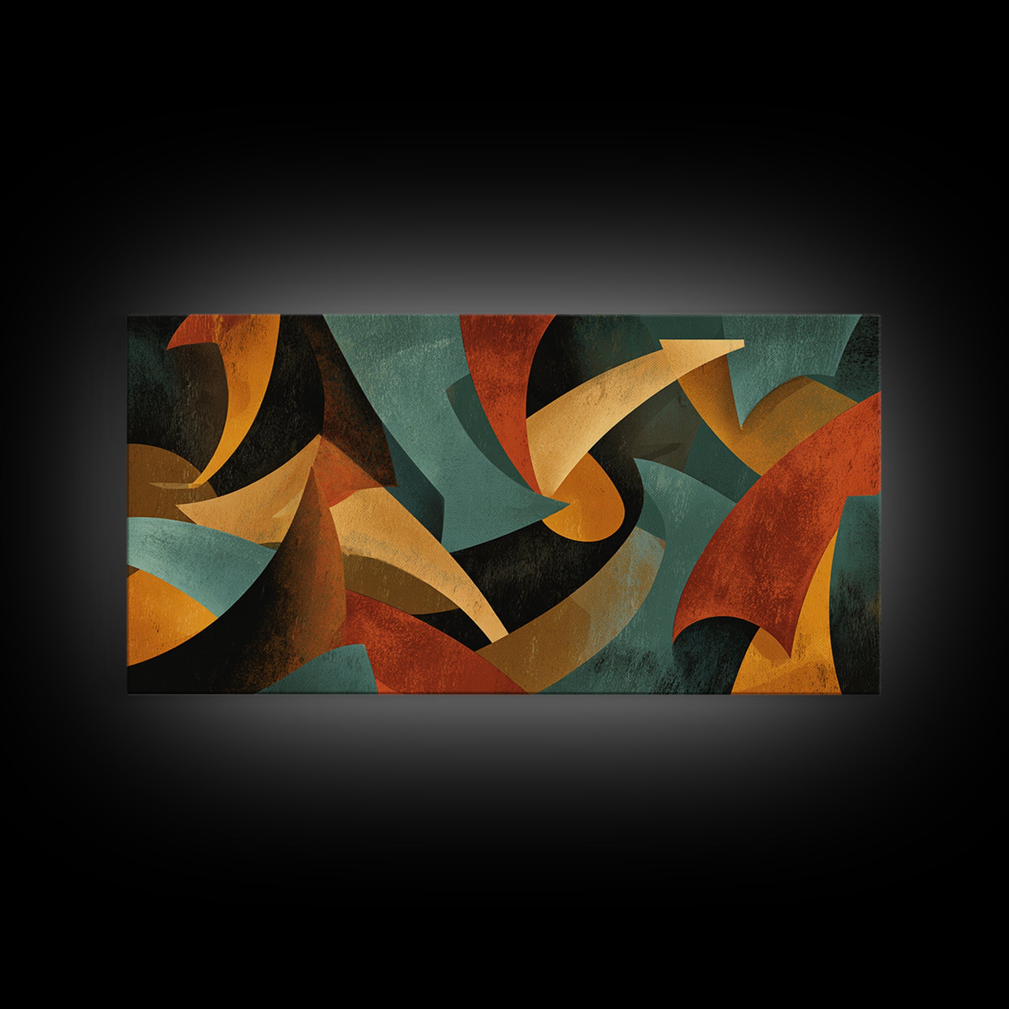 Burnt Orange Teal And Black Sweeping Forms Framed Canvas Print, Midcentury Modern Wall Art, Abstract Retro Decor For Living Room