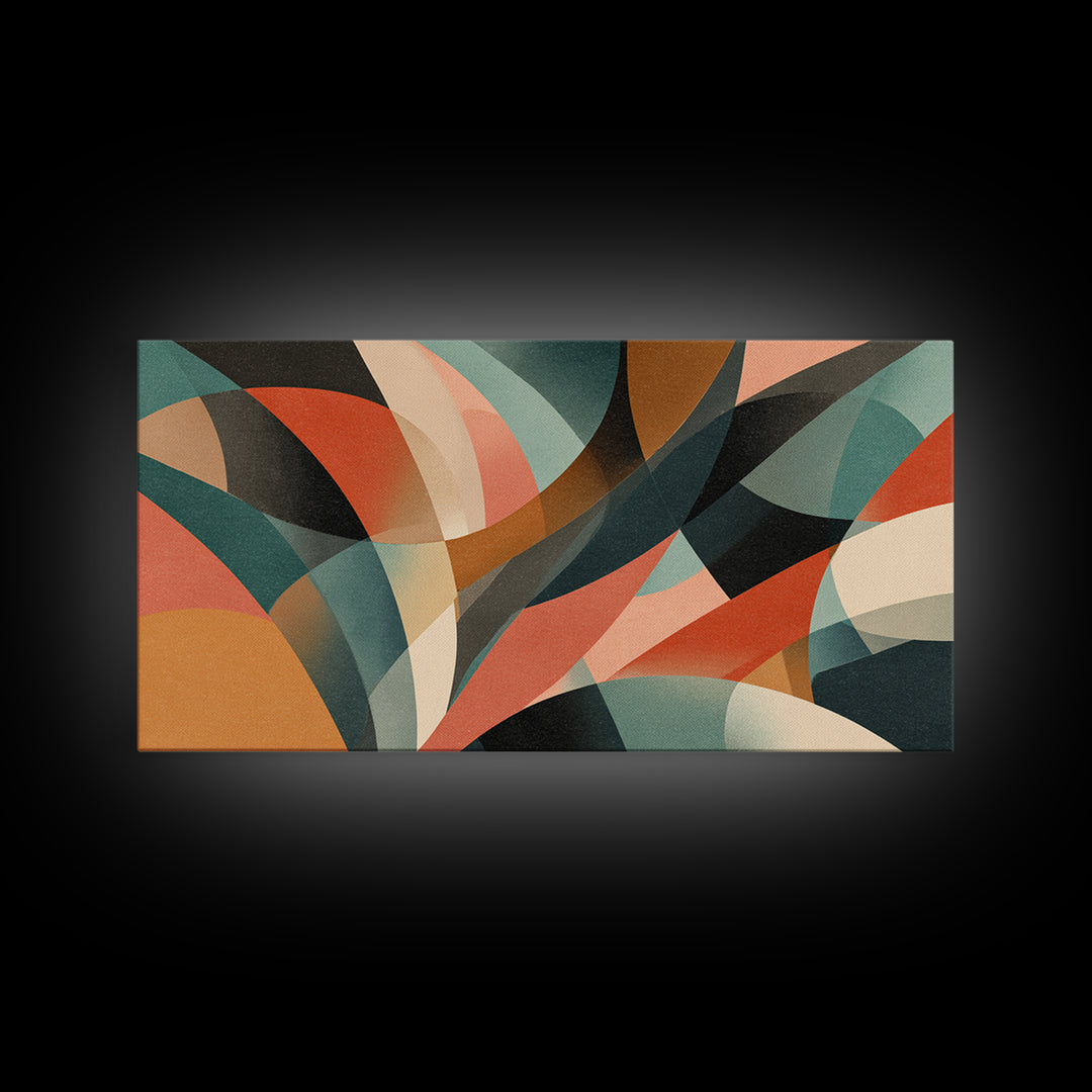 Coral Teal Rust And Cream Layered Curves Wall Art, Midcentury Modern Abstract Art Print, Retro Geometric Home Decor For Bedroom