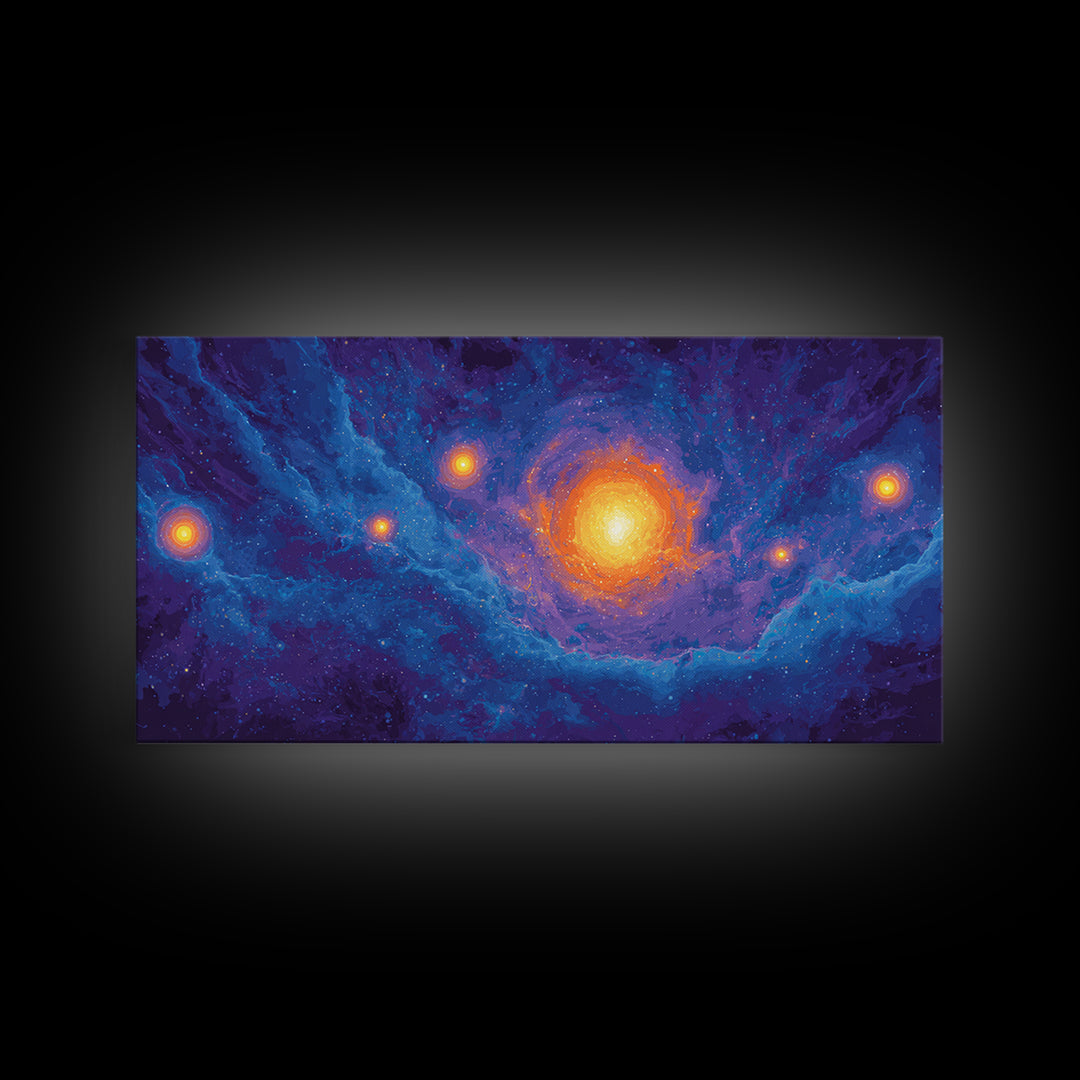 Glowing Blue Galaxy Nebula With Orange Stars Wall Art, Modern Abstract Art Print, Cosmic Retro Poster, Living Room Decor