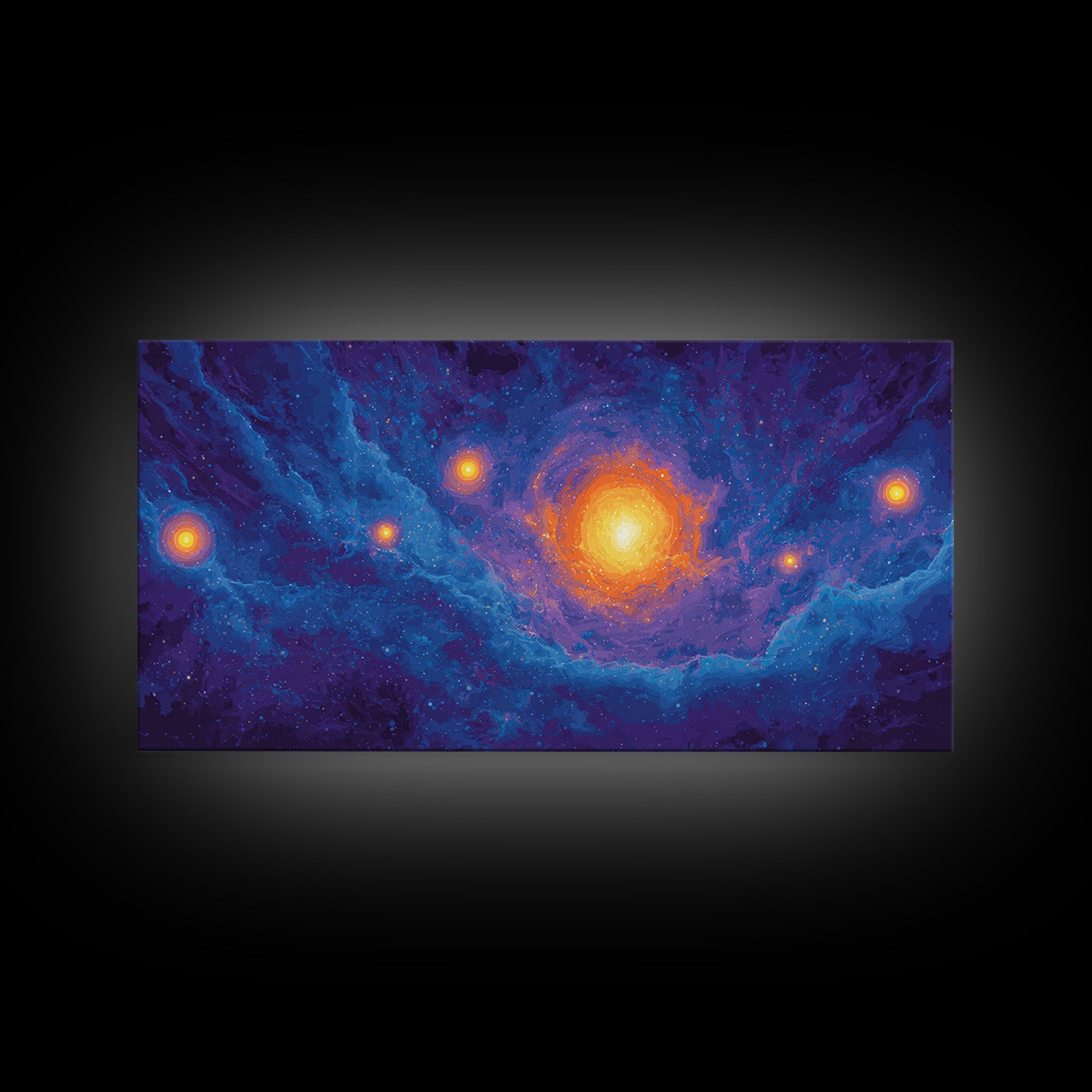 Glowing Blue Galaxy Nebula With Orange Stars Wall Art, Modern Abstract Art Print, Cosmic Retro Poster, Living Room Decor