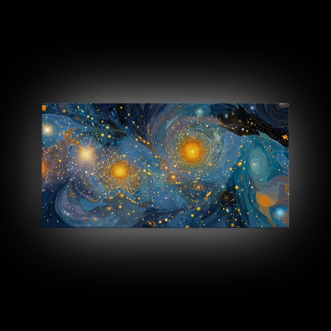 Swirling Starry Blue And Gold Galaxy Framed Canvas Print, Modern Wall Art, Abstract Poster, Celestial Living Room Decor Prints