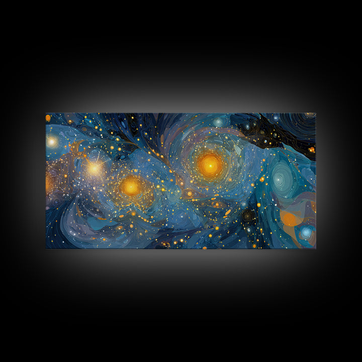 Swirling Starry Blue And Gold Galaxy Framed Canvas Print, Modern Wall Art, Abstract Poster, Celestial Living Room Decor Prints