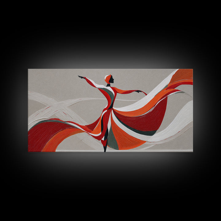 Flowing Red Orange Dancer With Ribbon Framed Canvas Print, Modern Wall Art, Abstract Painting, Statement Living Room Decor