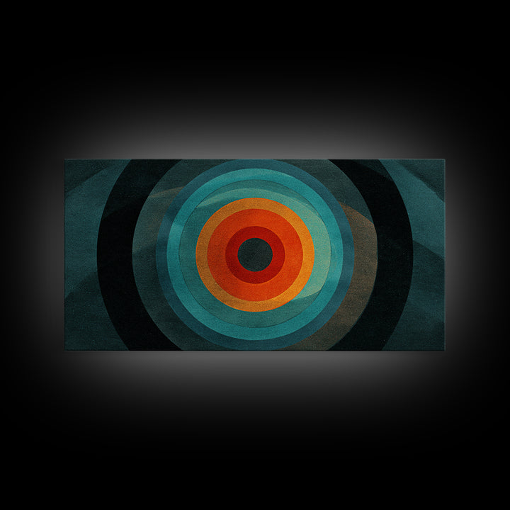 Teal Orange Geometric Bullseye Canvas Print, Midcentury Modern Wall Art, Abstract Circle Poster, Masculine Office Decor Print