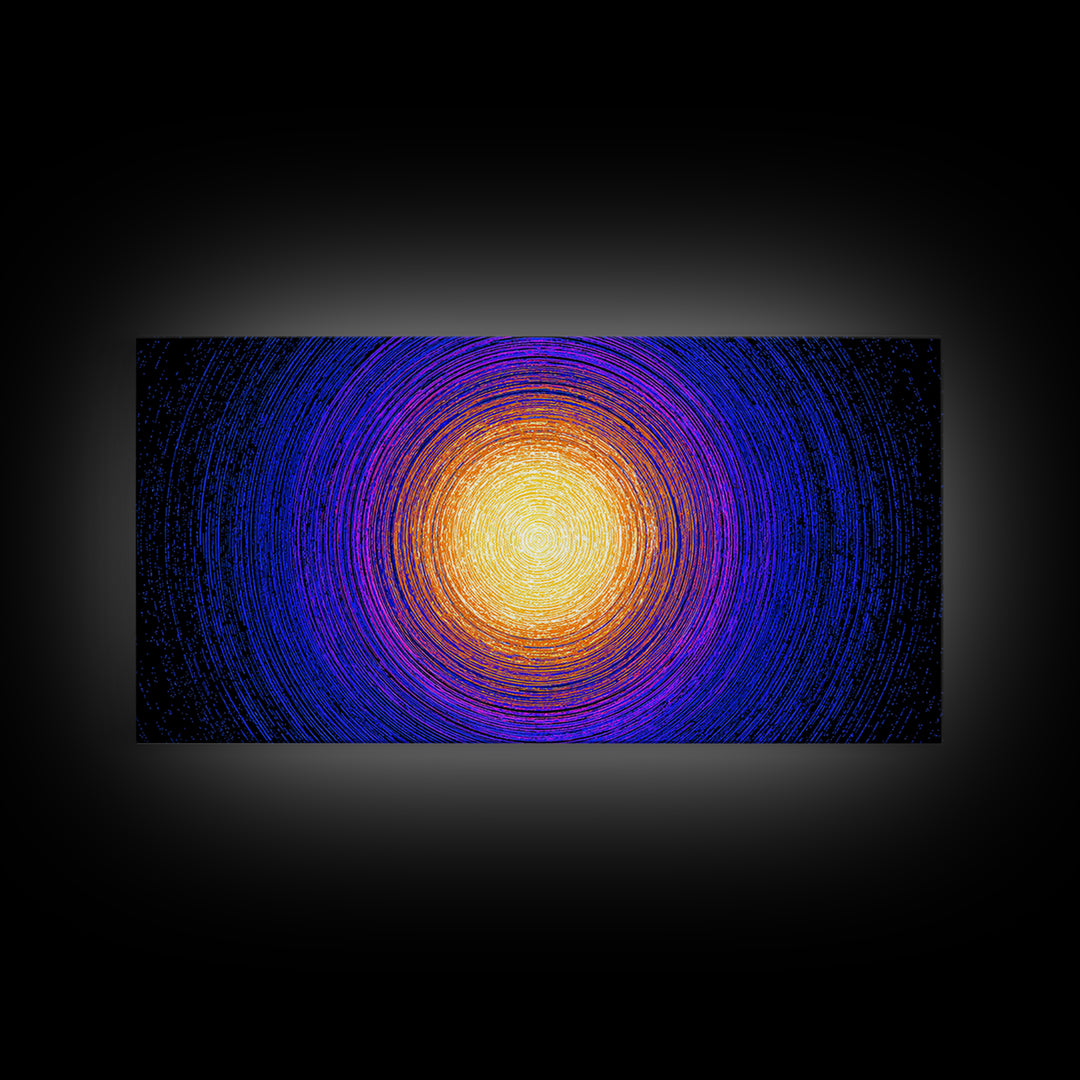 Golden Sun Blue Vortex Canvas Print, Cosmic Abstract Wall Art, Modern Retro Poster, Vibrant Space Decor For Living Room Or Office