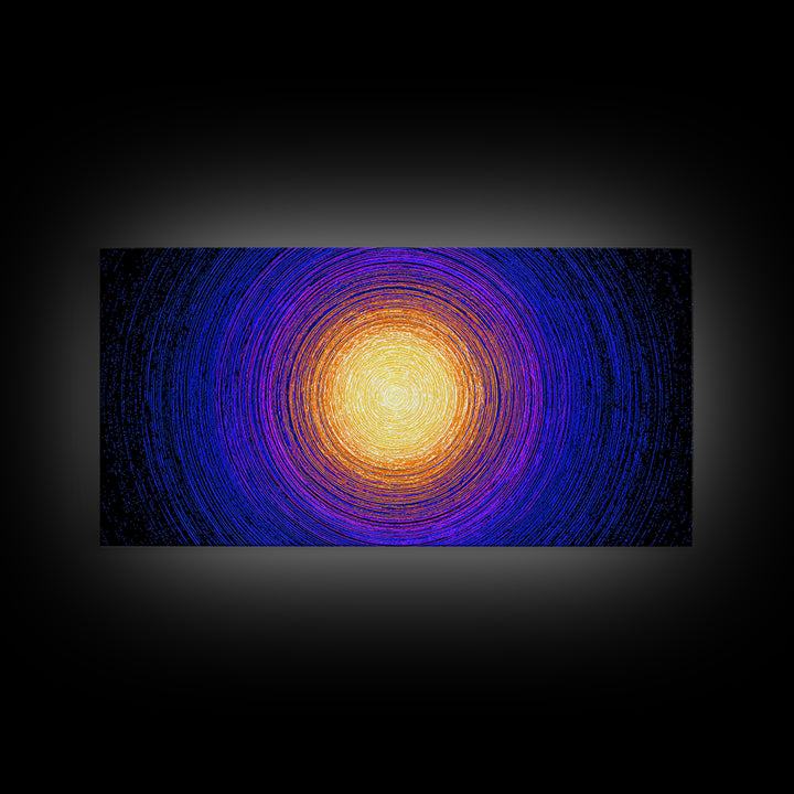 Golden Sun Blue Vortex Canvas Print, Cosmic Abstract Wall Art, Modern Retro Poster, Vibrant Space Decor For Living Room Or Office