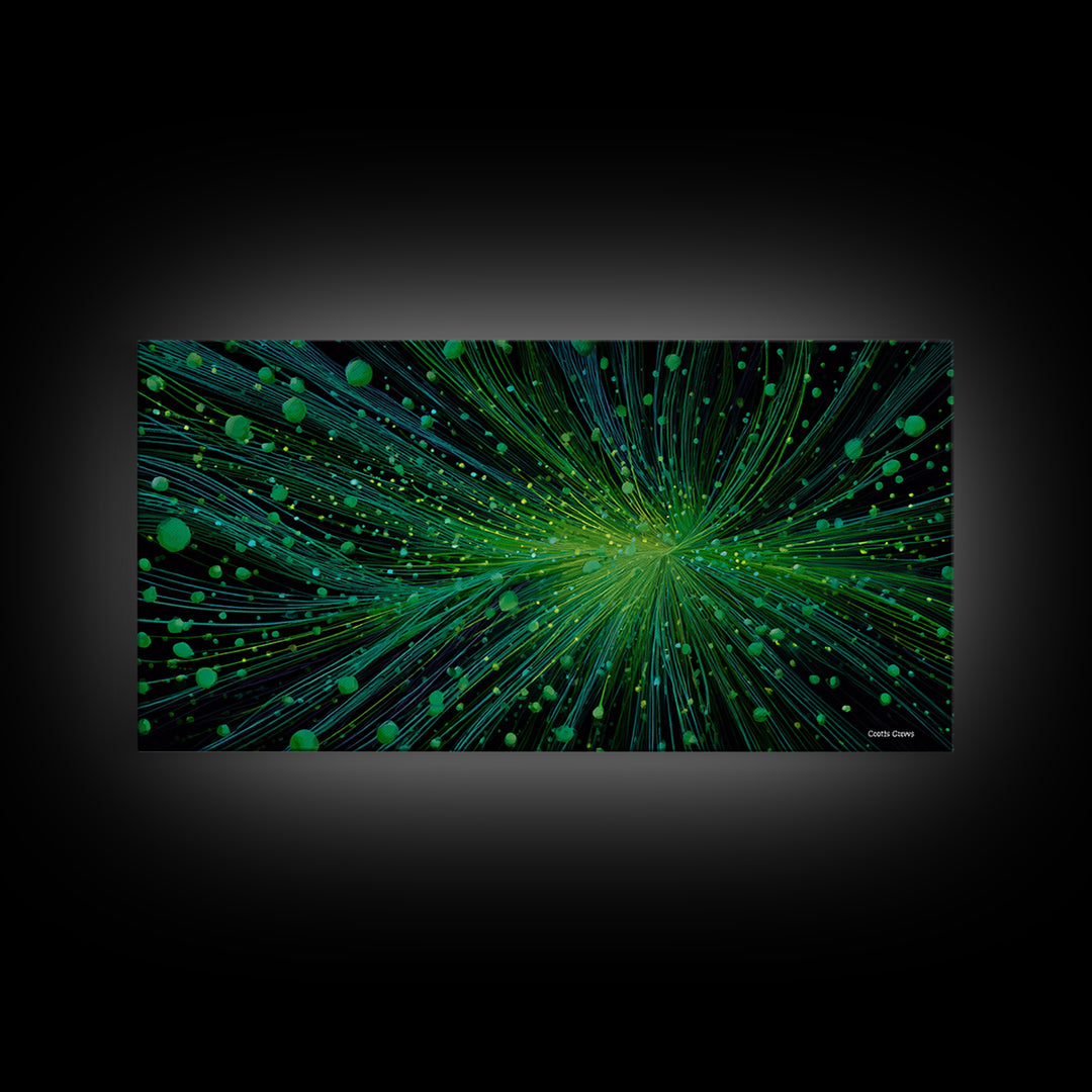 Green Particle Burst Canvas Print, Abstract Energy Lines Wall Art, Modern Digital Artwork, Sci Fi Poster For Home Office Decor