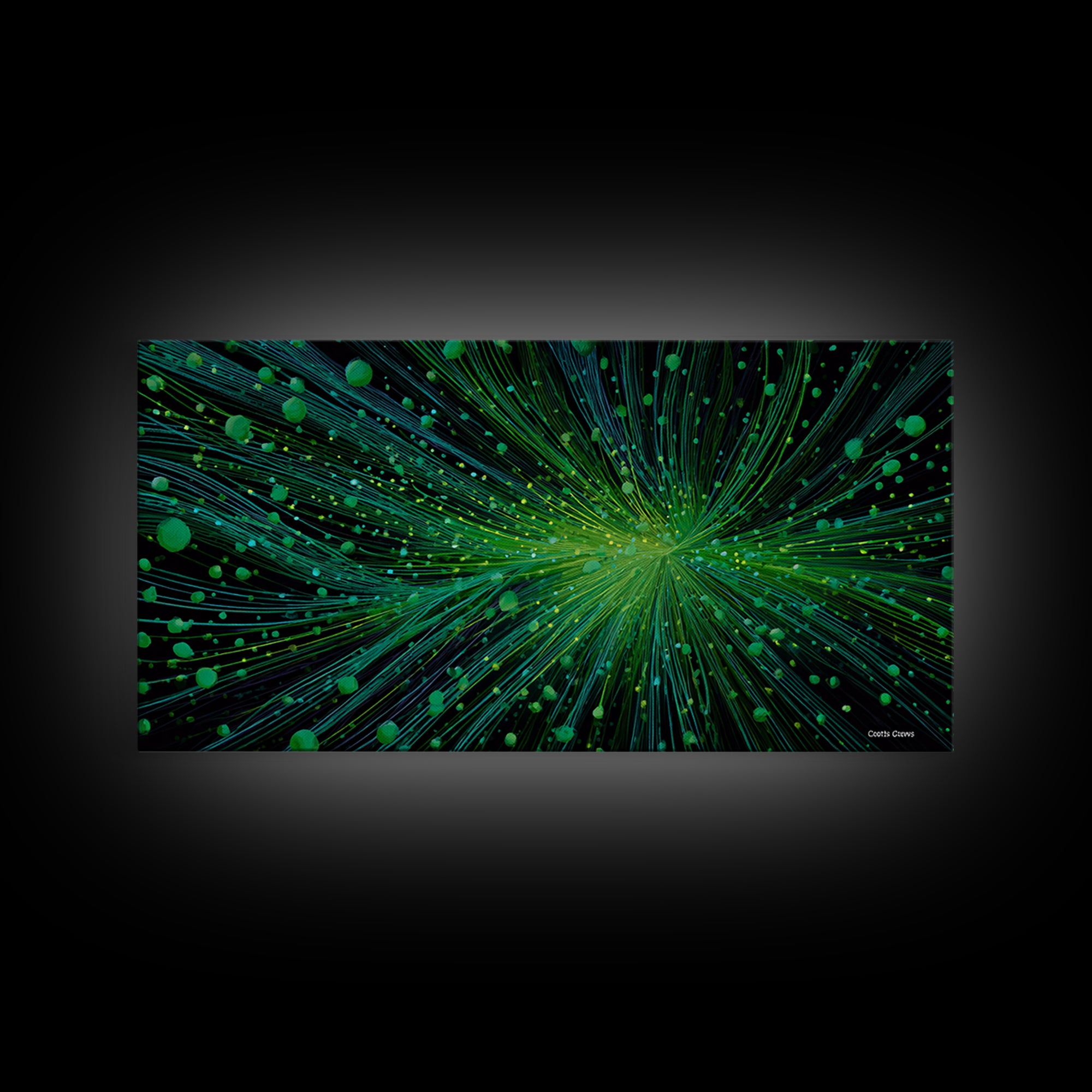 Green Particle Burst Canvas Print, Abstract Energy Lines Wall Art, Modern Digital Artwork, Sci Fi Poster For Home Office Decor