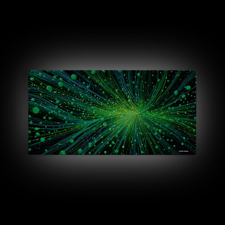 Green Particle Burst Canvas Print, Abstract Energy Lines Wall Art, Modern Digital Artwork, Sci Fi Poster For Home Office Decor