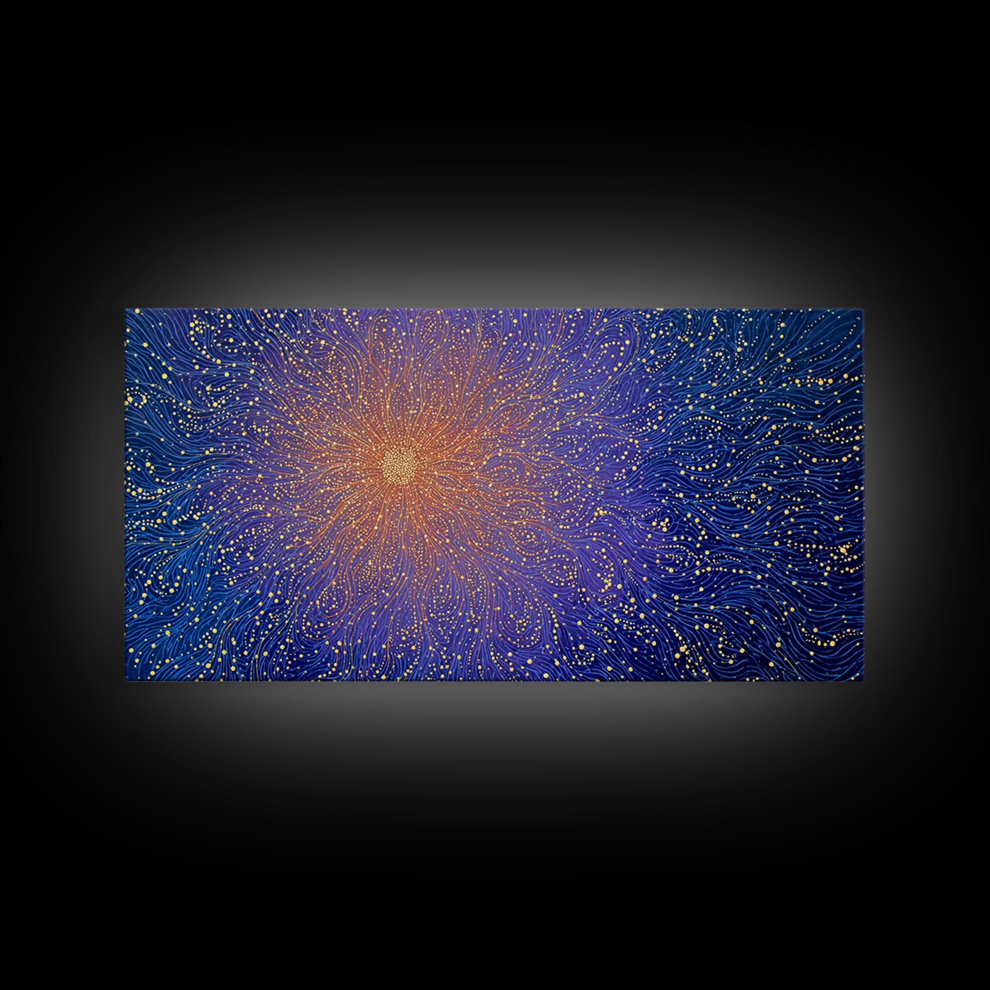 Golden Starburst Blue Wave Wall Art, Cosmic Abstract Digital Print, Modern Wall Decor, Vibrant Space Poster For Living Room