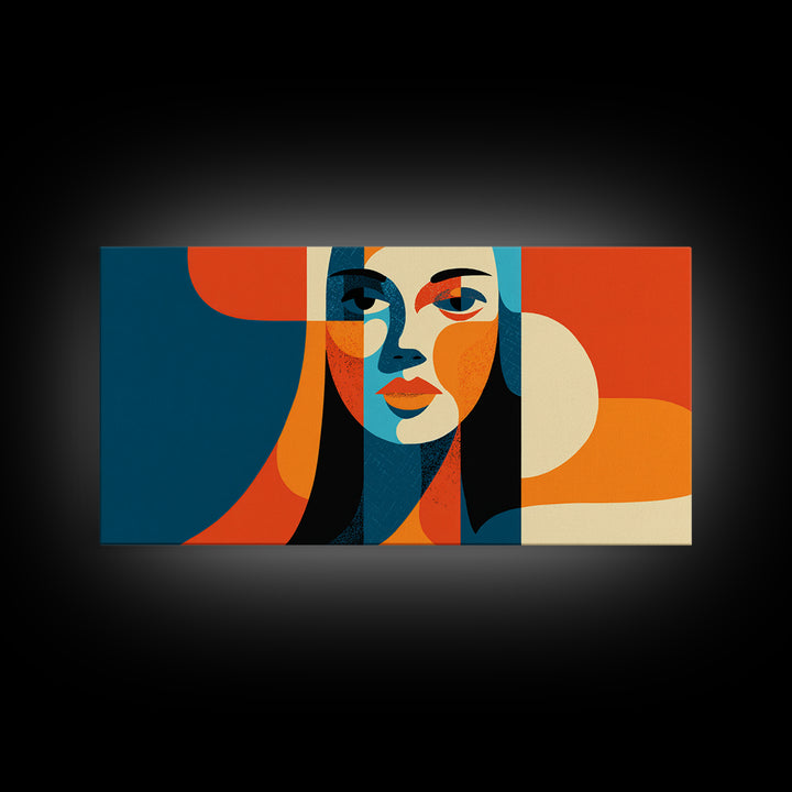 Geometric Woman Face Canvas Print, Midcentury Modern Abstract Art, Orange Teal Wall Decor, Retro MCM Home Decor Poster Gift