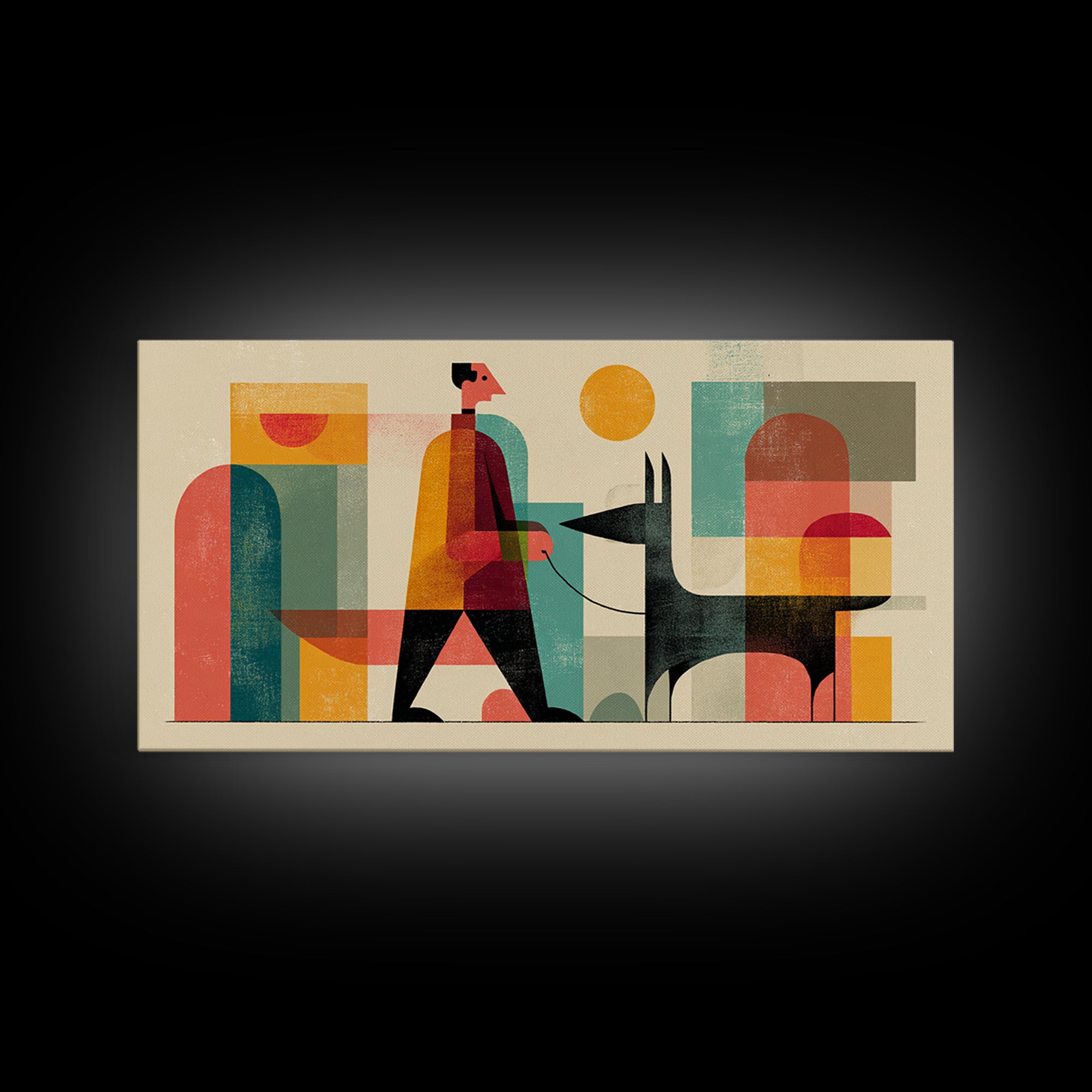 Man Walking Black Dog Wall Art, Midcentury Modern Illustration, Retro Abstract Shapes, Colorful Home Decor Canvas Print Gift
