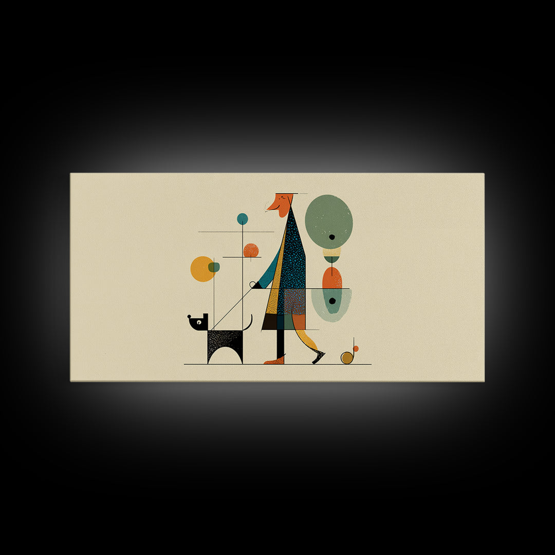 Whimsical Dog Walker Canvas Print, Midcentury Modern Minimal Art, Atomic MCM Wall Decor, Scandinavian Home Art Print Poster