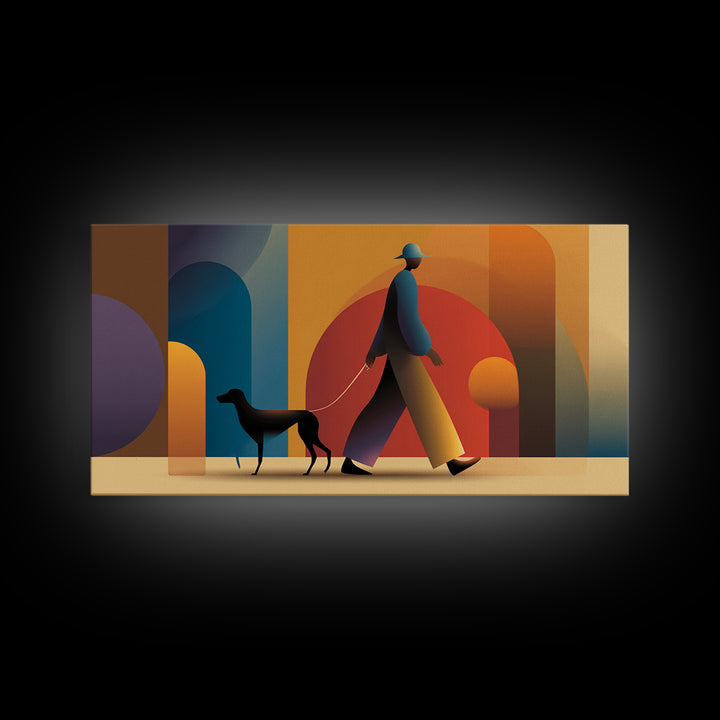 Sunset Dog Walker Framed Canvas Print, Midcentury Modern Wall Art, Retro Arches Decor, Warm Orange Living Room Print Poster