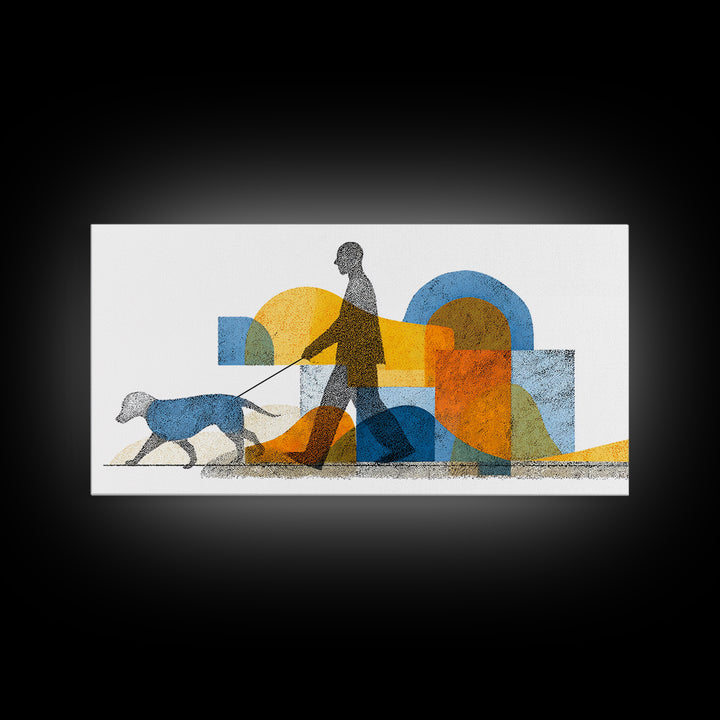 Silhouette Dog Walker Canvas Print, Midcentury Modern Wall Art, Blue Orange Geometric Decor, Minimalist Living Room Art Poster