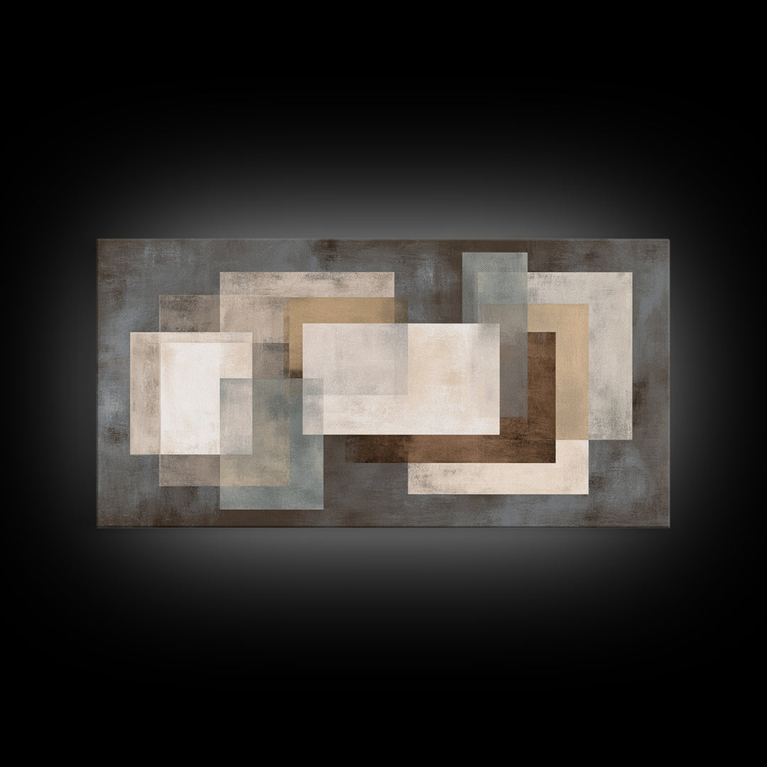 Neutral Beige Gray Layered Rectangles Framed Canvas Print, Modern Abstract Wall Art, Minimalist Living Room Home Decor Print