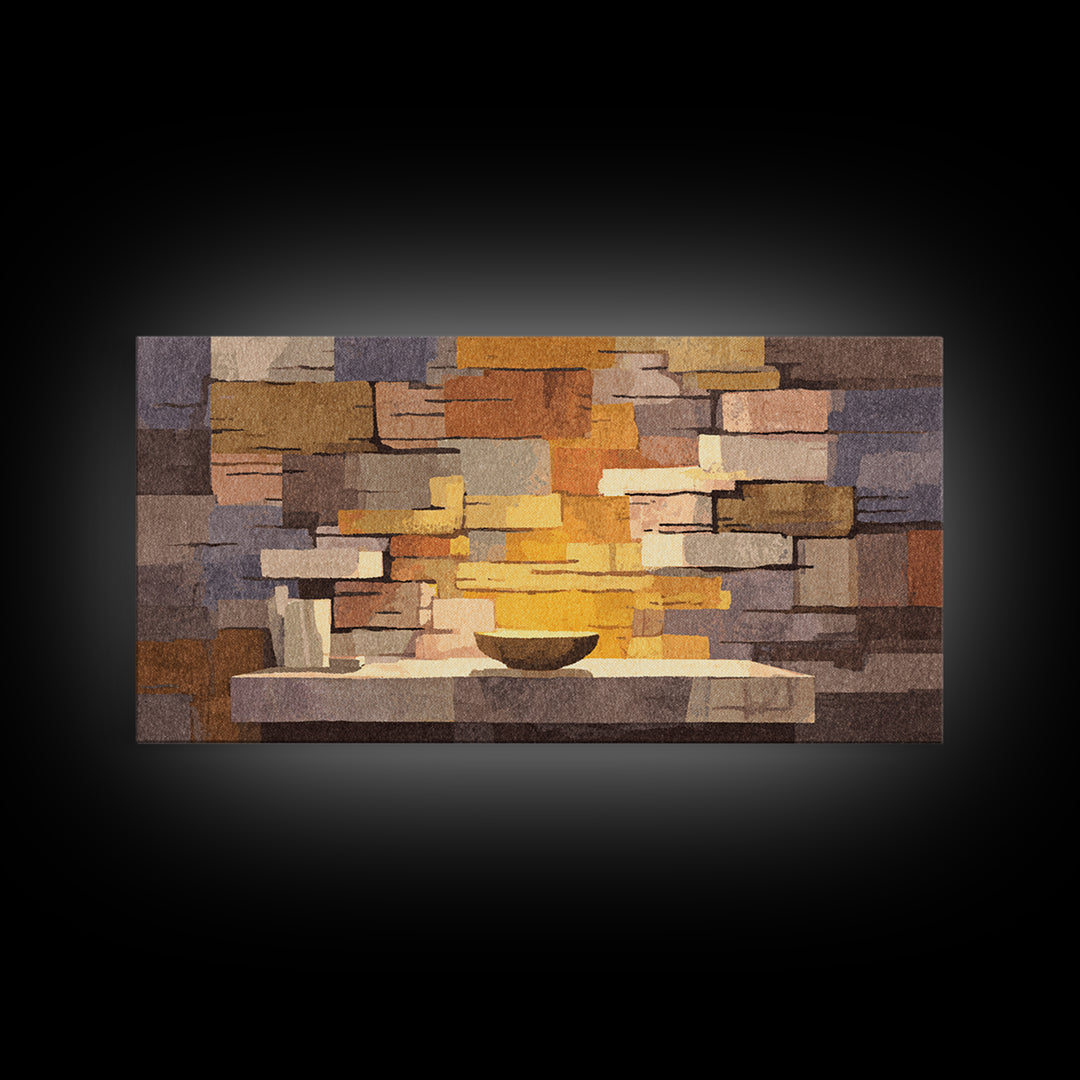 Abstract Stone Fireplace Wall Art, Midcentury Modern Home Decor, Warm Geometric Canvas Print, Cozy Living Room Artwork Poster