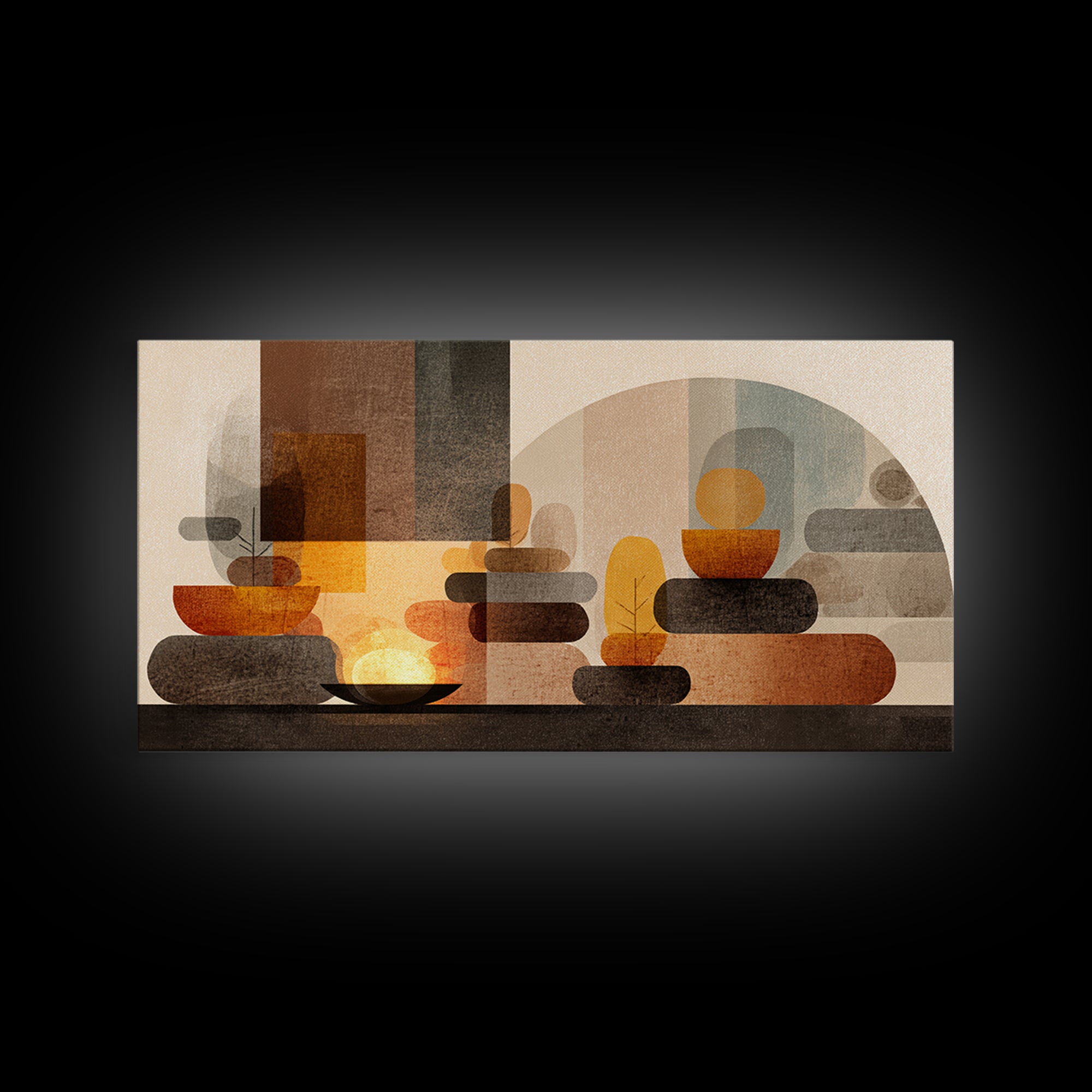 Warm Stacked Abstract Shapes With Arches, Midcentury Modern Wall Art, Earth Tone Retro Decor, Large Canvas Print, Living Room Home Decor