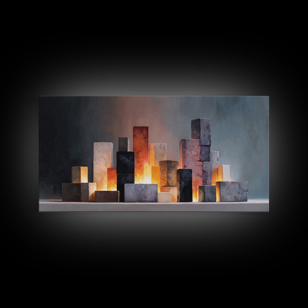 Glowing Stone Block Skyline At Dusk, Framed Canvas Print, Modern Abstract Art, Office Wall Decor, Neutral Home Decor, Living Room Art
