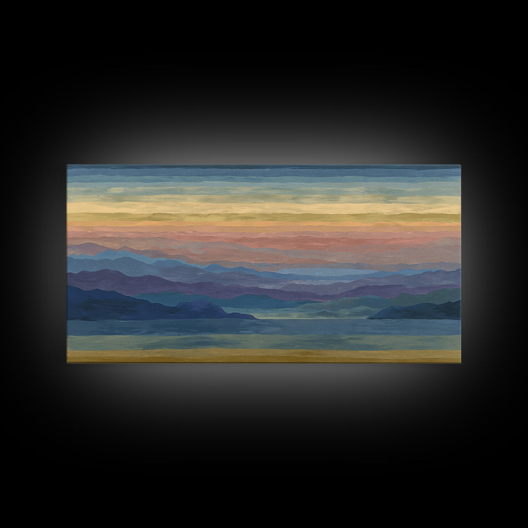 Pastel Mountain Lake Panorama Framed Canvas Print, Modern Wall Art, Scenic Nature Landscape, Bedroom And Office Decor, Home Decor