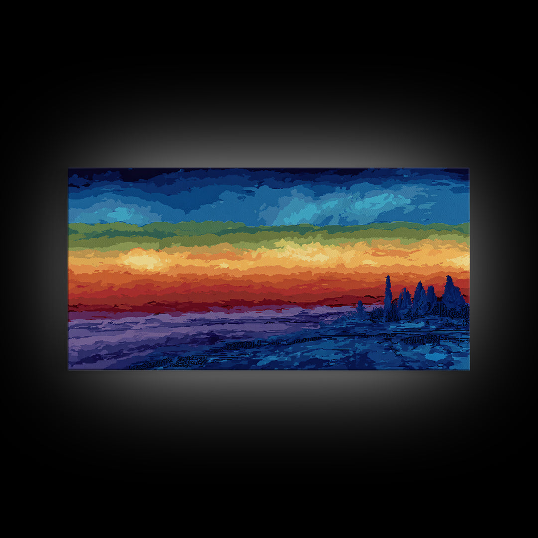 Dramatic Lake Sunset With Pine Silhouettes Framed Canvas Print, Blue Orange Landscape Wall Art, Rustic Cabin Decor, Lake House Decor