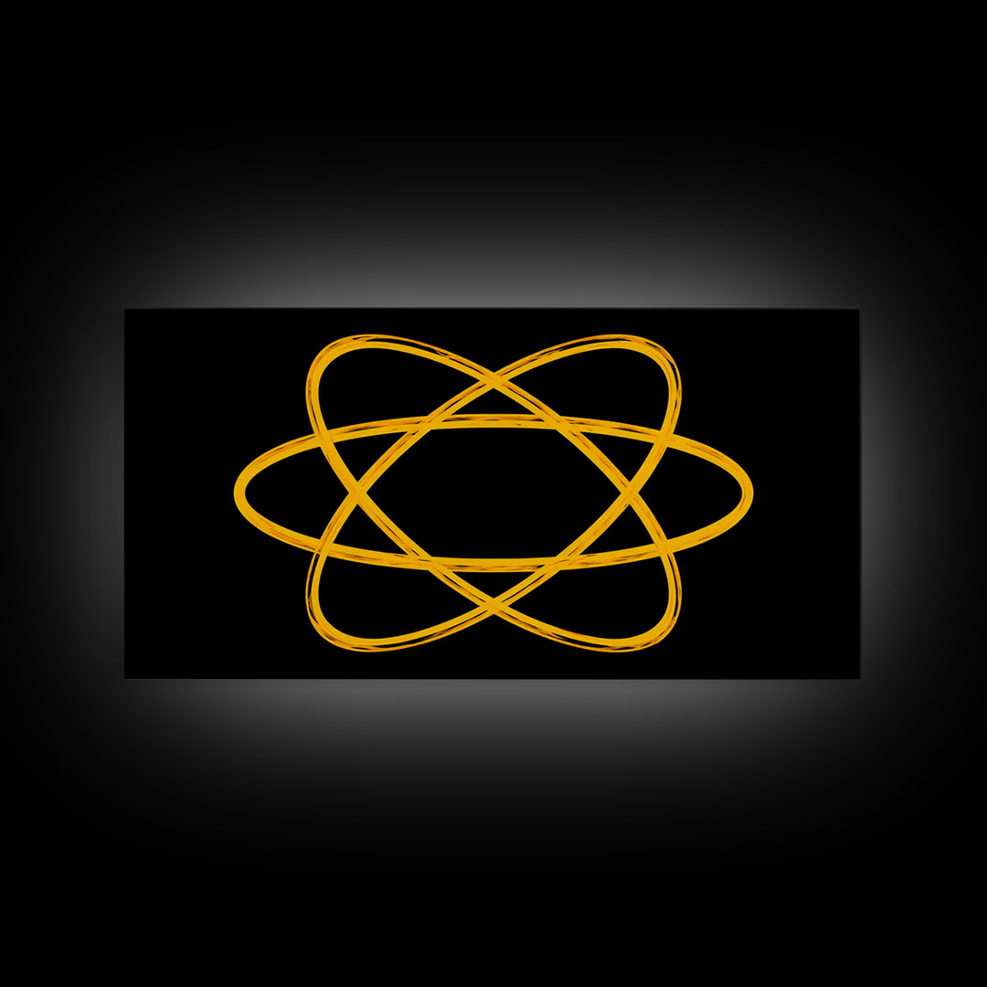 Golden Atomic Orbit Lines On Black Canvas Print, Midcentury Modern Abstract Wall Art, Retro Space Poster, Office Decor, Geek Decor
