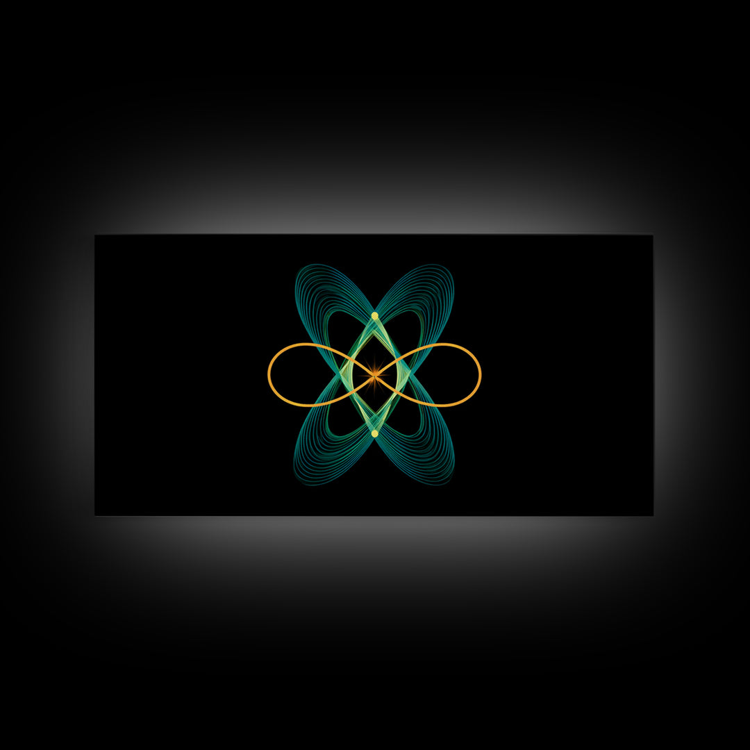 Teal And Gold Orbital Wave Lines Wall Art, Atomic Midcentury Modern Abstract Print, Black Retro Space Poster, Office Decor