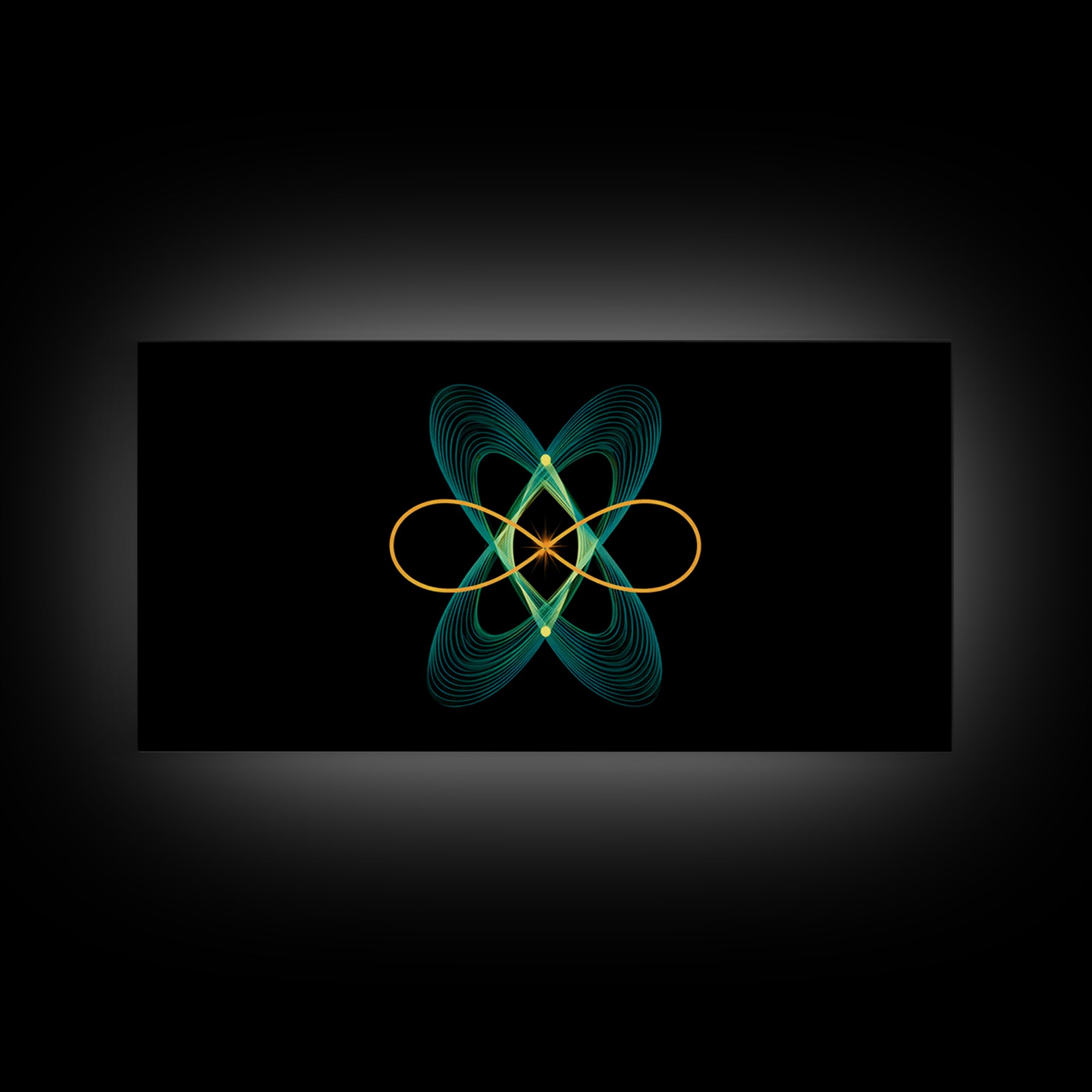 Teal And Gold Orbital Wave Lines Wall Art, Atomic Midcentury Modern Abstract Print, Black Retro Space Poster, Office Decor