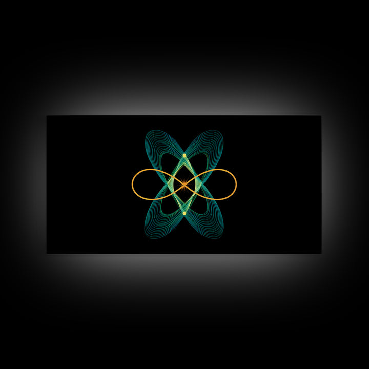 Teal And Gold Orbital Wave Lines Wall Art, Atomic Midcentury Modern Abstract Print, Black Retro Space Poster, Office Decor